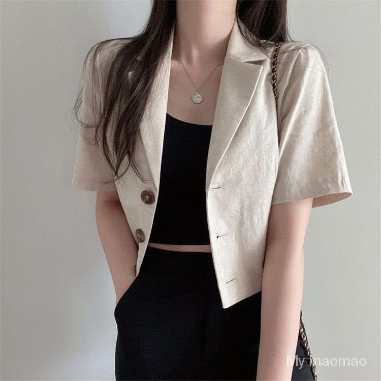【】Women's Korean-Style Casual Short-Sleeved Solid Color Suit Summer Thin Loose Short Temperament Jacket Small Top