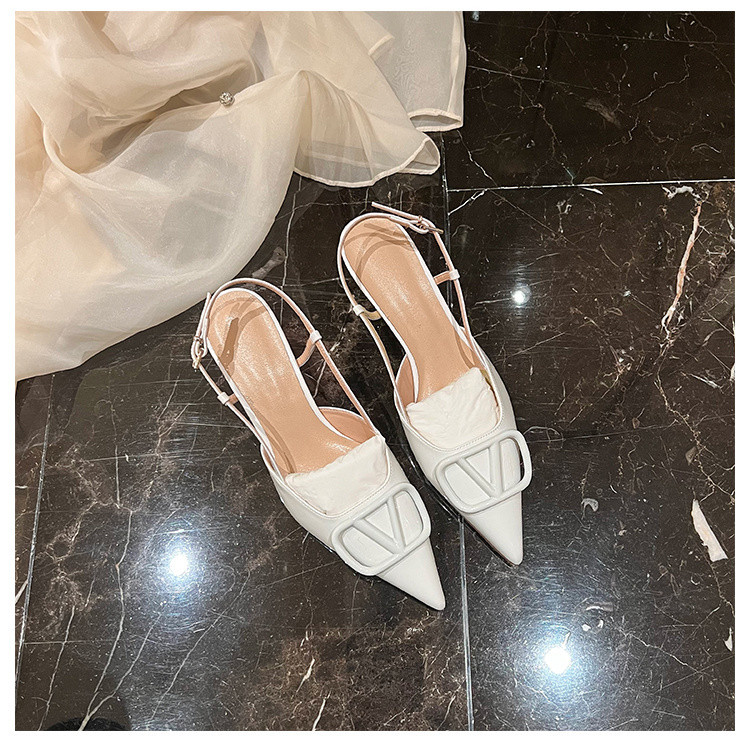 Pointed Toe Stiletto Back Shoes 2024 Spring Summer Baotou New Style Ready Stock Time Heel Shoes Strap Shallow Mouth Patent Leather V-Buckle Nude Color Middle High Heel Sandals