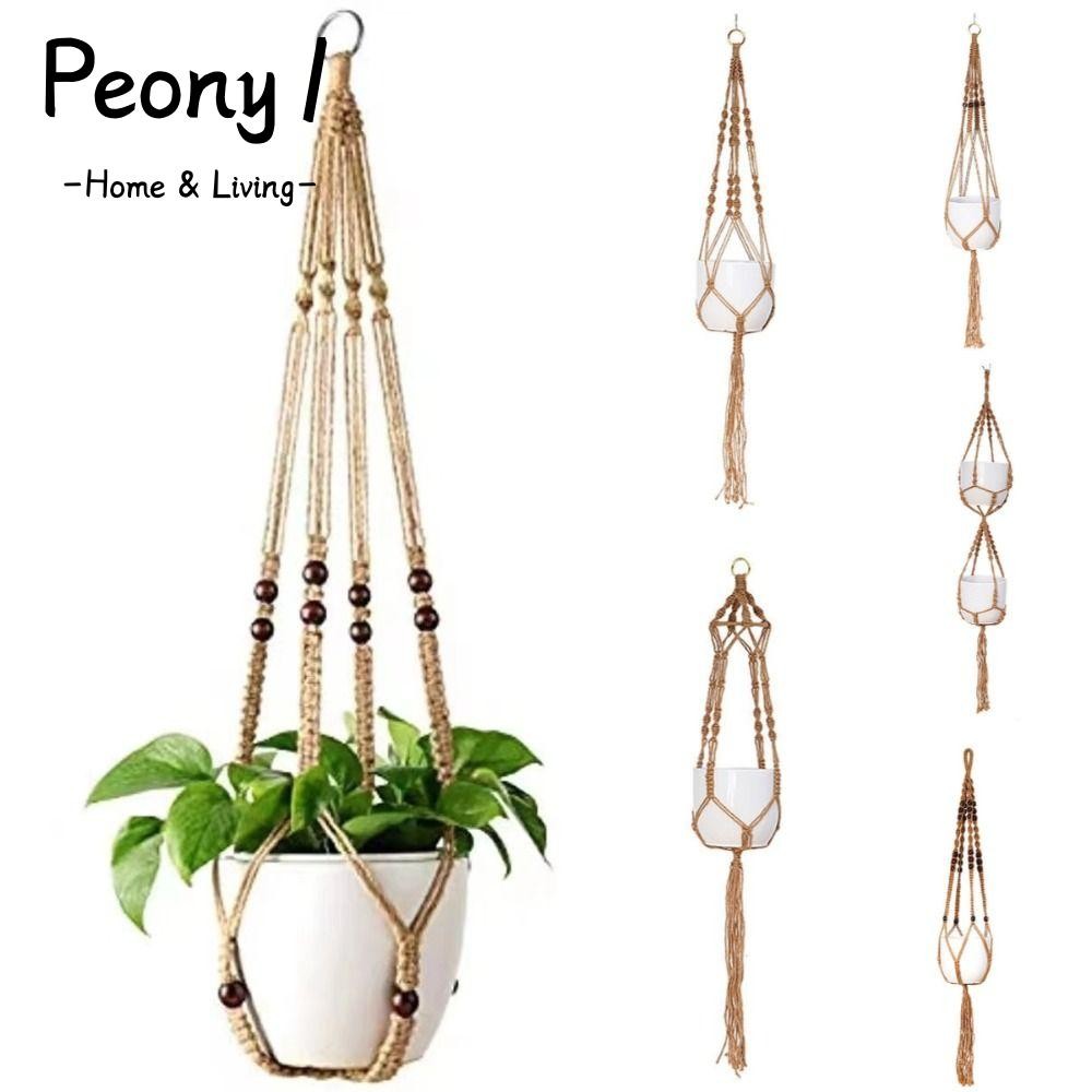 PEONY1 Hanging Planter, Handmade Home Garden Supplies Hanging Flowerpot Basket, Gift Knotted Lifting Rope Hand Woven Hemp Rope Flowerpot Mesh Bag