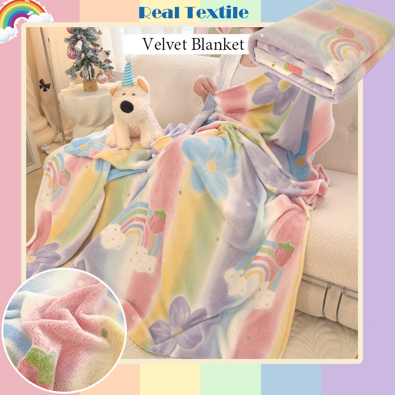 Rainbow deisgn velvet blankets colorful flower 3.5ft single cute office nap comforter throw fluffy quilt