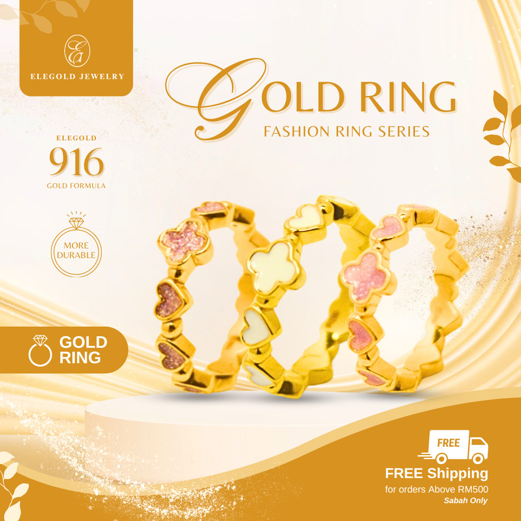 916 White Pink Purple Clover Luxury Fashion Trendy Hallow Gold Ring | Enamel Bajet | Elegold