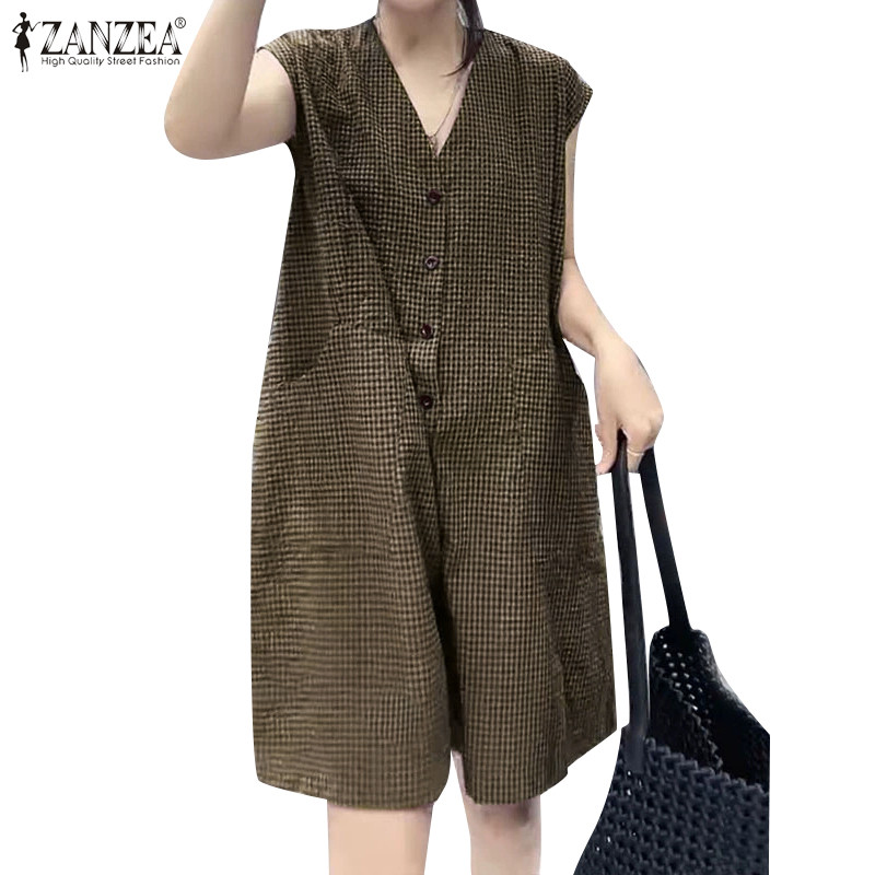 ZANZEA Women Korean Vintage V Neck Single-Breasted Checkered Loose Wide Leg Jumpsuits