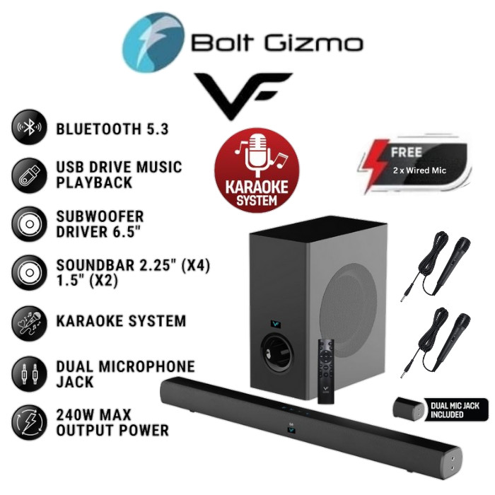 Vinnfier VF Hyperbar 600 BTRW 240W Soundbar with 6.5" Wireless SubWoofer Karaoke Bluetooth TV Speake