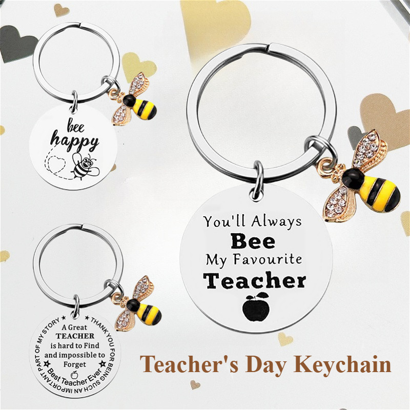 hadiah hari guru Creative Stainless Steel Keychain hari guru Heart Shaped Honey Bee Pendant Souvenirs for Teacher Teacher's Day Gift Valentine's Day Gifts