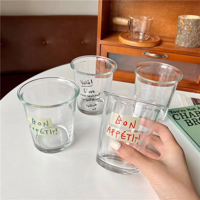 Buy1get2 Japanese Korean Style Glass French Letter Printed Glass Household Breakfast Cup Milk Tea Cup Coffee Cup vlog Shooting