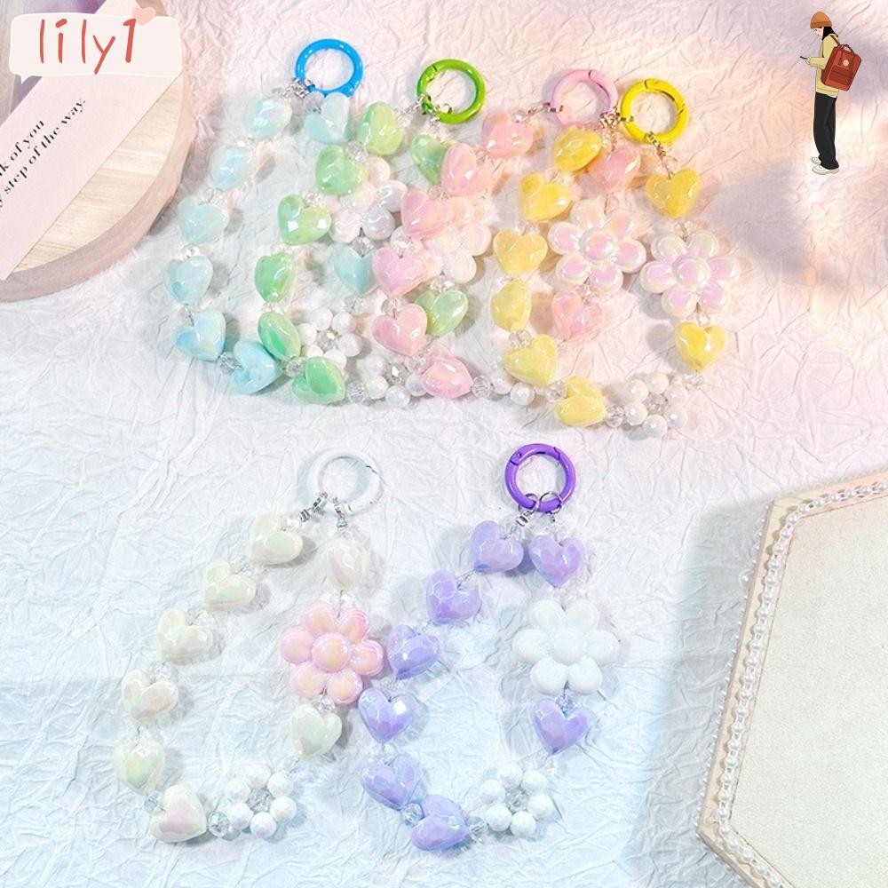 LILYONE Keychain Pendant, Keychain Heart Colorful Phone Lanyard, Fashion Cute Bling Bling Colored Round Bead Headphone Decoration Phone Accessories