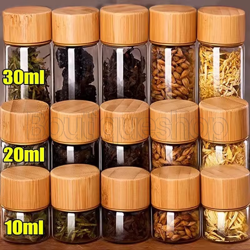 10/20/30ml Mini Glass Bottles - DIY Glass Vials Wood Lid Storage Container - Tube Portable Coffee Beans Sealed Tank - Candy Spice Jars - Kitchen Sealed Gadgets