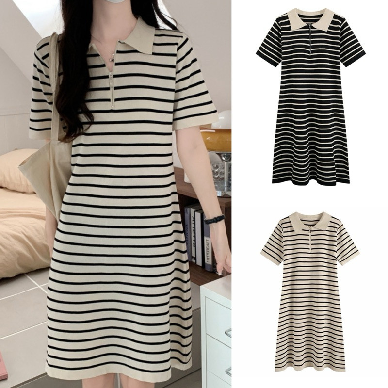 baao Korean Knitted Striped Polo Dress w/front zipper