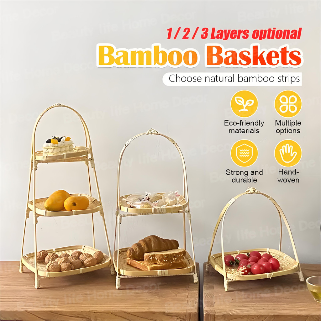 3/2/1 Layers Bamboo Tray Bakul Rotan Bertingkat Layer Fruit Basket Multi-function Hand Handwoven Fruit Basket Talam Rotan Dulang Klasik Bakul Dessert