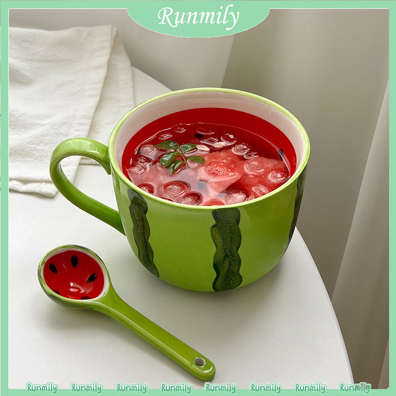 Summer Watermelon Ceramic Cup Large Capacity Cute Coffee Mug With Spoon Set Creative Water Cup Aesthetic Mug