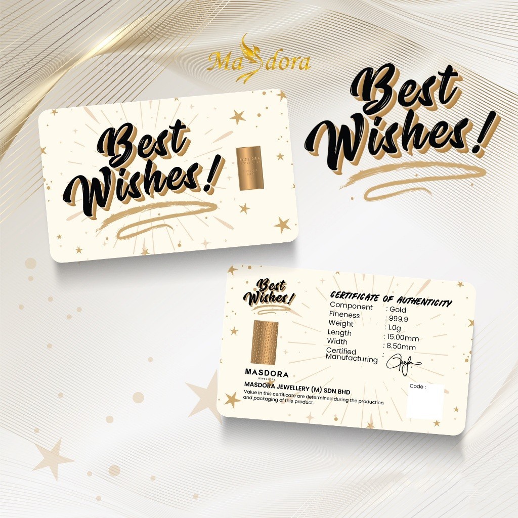 MASDORA 999.9 Gold Bar 1.00GM Gift Series ~ Best Wishes (EMAS 999.9/24K)