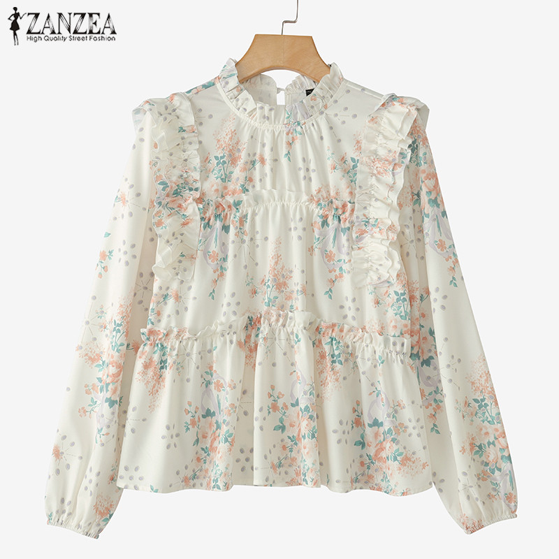ZANZEA Wome Korean Stand Collar Leisure Floral Printed Lotus Leaf SleeveEdge Blouse