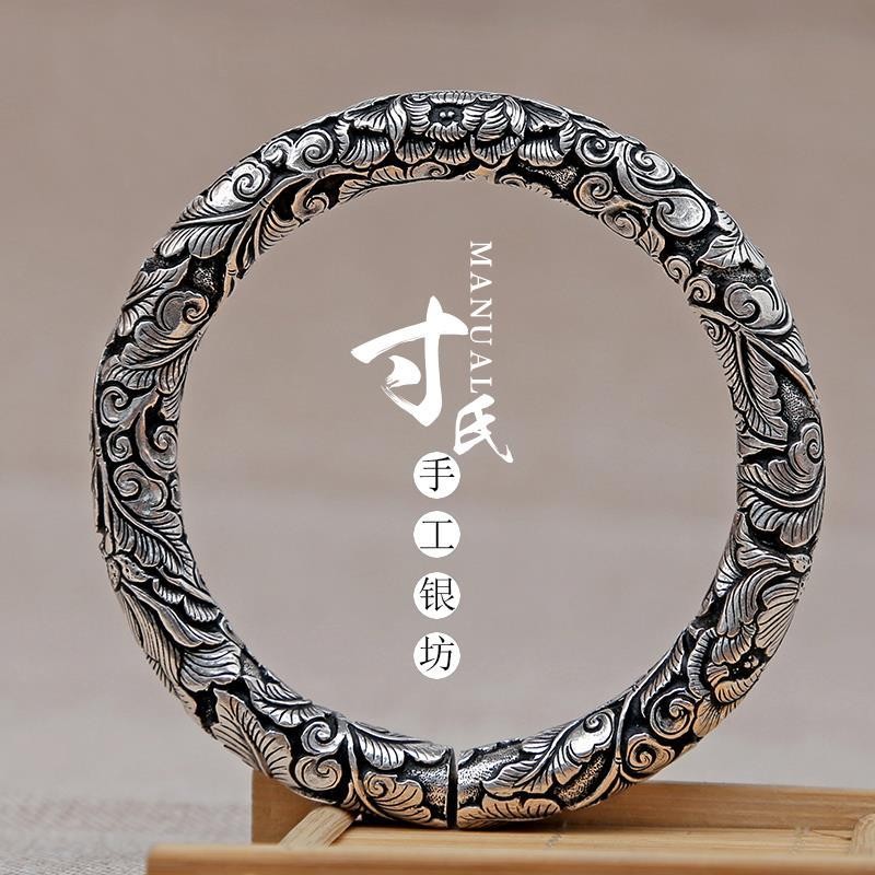 Inch Silver Original Handmade 99 Sterling Silver Old Silversmith Handmade Silver Bracelet Retro Women's Ethnic Style Silver Jewelry Bloom Peony Inch Silver Original Handmade 99 Sterling Silver Old Silversmith Handmade Silver Bracelet Retro Women's Ethnic
