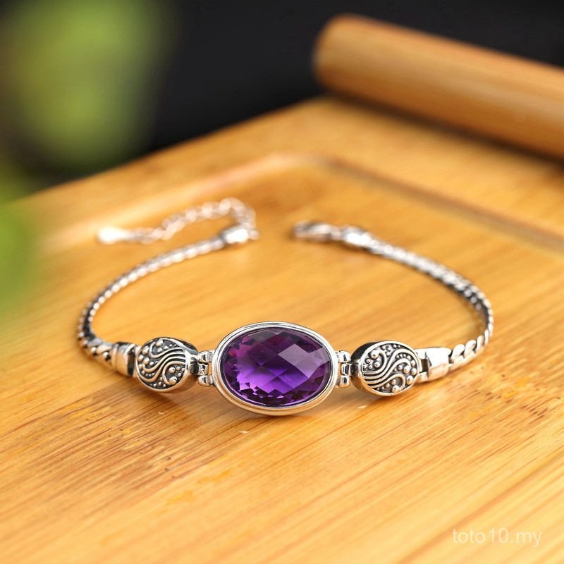 S925 Thai Silver Amethyst Bracelet Ladies Wholesale Retro Distressed Indonesian Style Hand Jewelry Inlaid Synthetic Crystal Factory