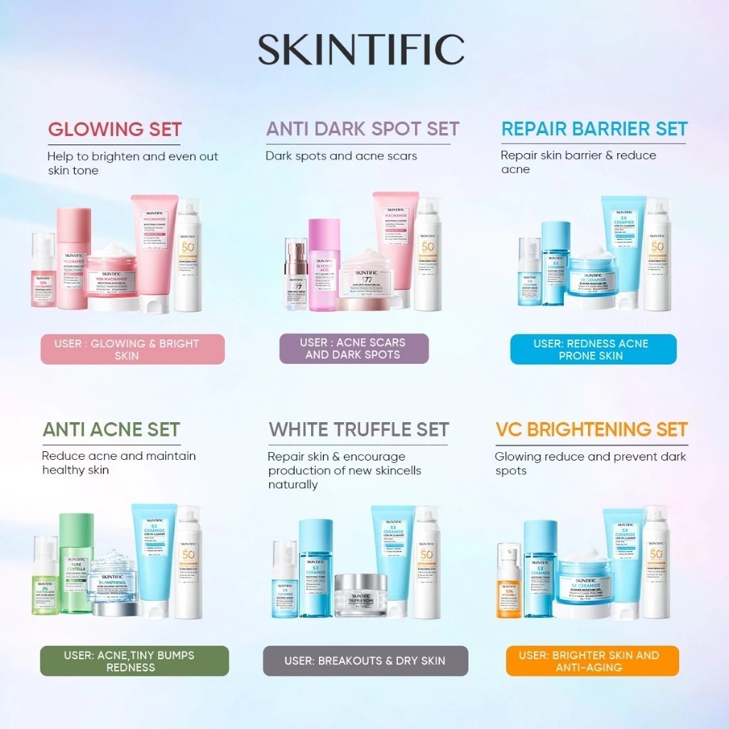 【5PCS】SKINTIFIC Skincare Set With Sunscreen Cream Low pH Cleanser Moisture Gel Dark Spot Serum Toner -EBEGE