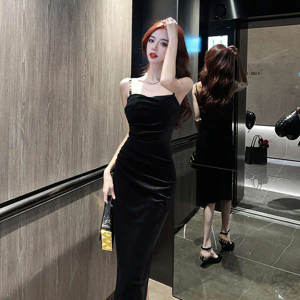 prom dress dress size plus dress dinner Pakaian slip baldu emas gaya Hepburn Perancis wanita musim luruh dan musim sejuk anak perempuan kaya ibu tiri langsing pinggul gaun skirt panjang