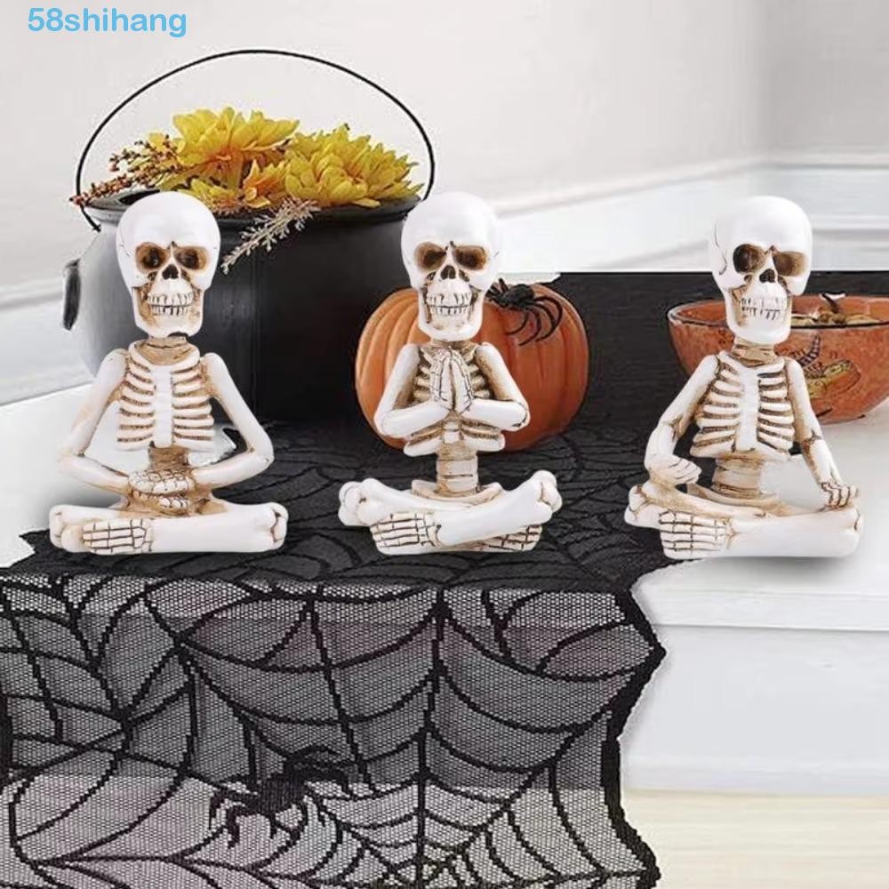 SHIHANG 3PCS Meditation Skeleton Figurine, Funny Scary Halloween Yoga Skull Sculpture, Human Skeleton Resin Exquisite Sitting Prayer Skeleton Yoga Statue Haunted House