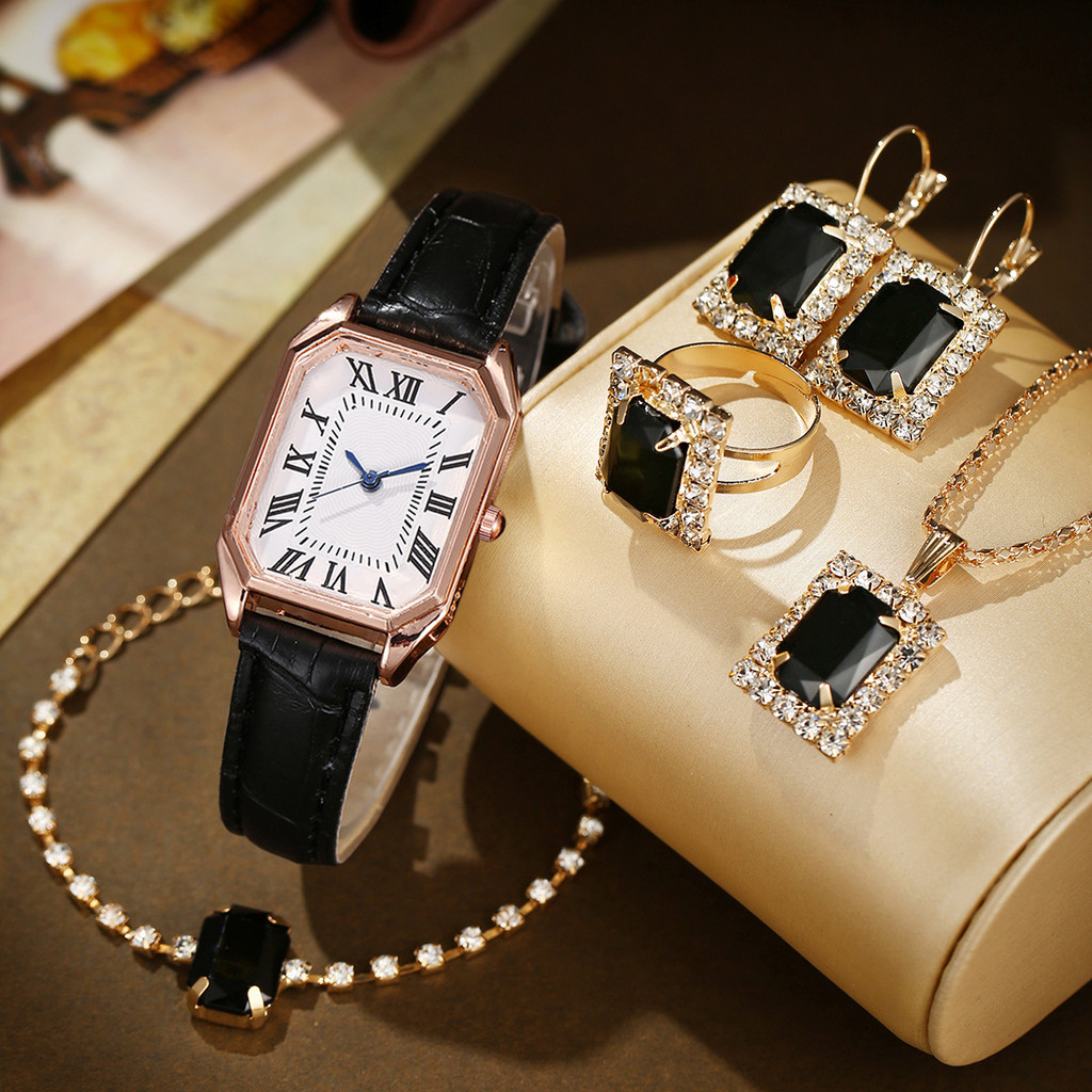 2024 Cross-Border Hot Items Trendy Leather Ladies Watch Square Quartz Watch Necklace Earrings Ring Jewelry Set