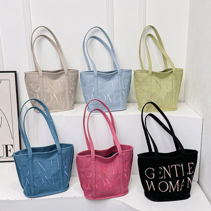 Gentlewoman New Versatile Embroidery Cotton and Linen Bag Fashion Letter Shoulder Tote Bag Leisure Woman