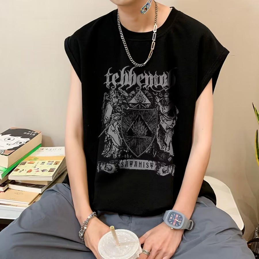 【 M-5XL 】American Retro High Street Round Neck Sleeveless Vest for Men Trendy and Fashionable Loose and Oversized Vest for Men