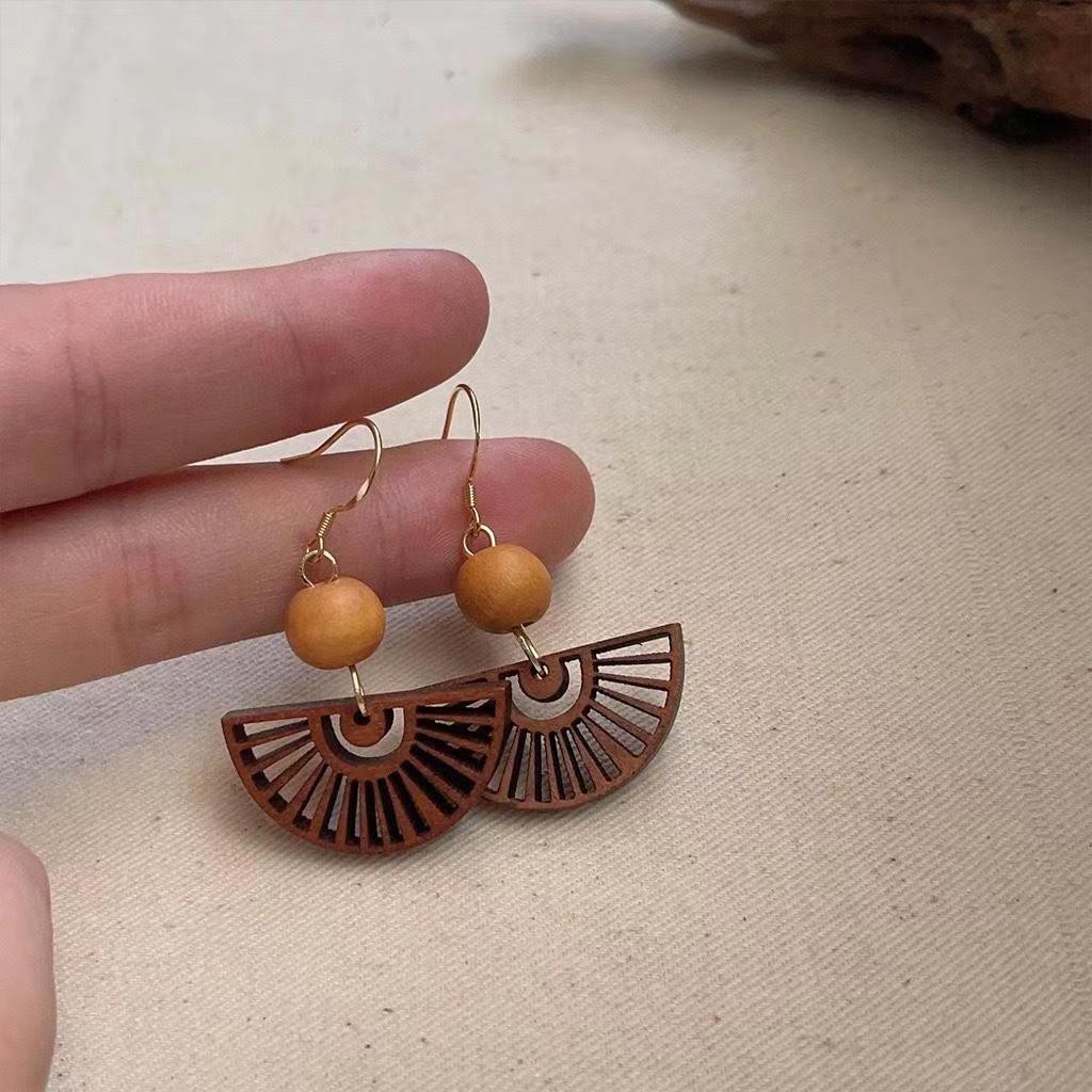 Wooden Earrings Wooden Earrings Retro Style Earrings Exquisite Accessories Ready Stock Ready Stock New Chinese Style Earrings Female Design High-End Ethnic Style Earrings Medieval Earrings New Style Wooden Fan-Shaped Earrings