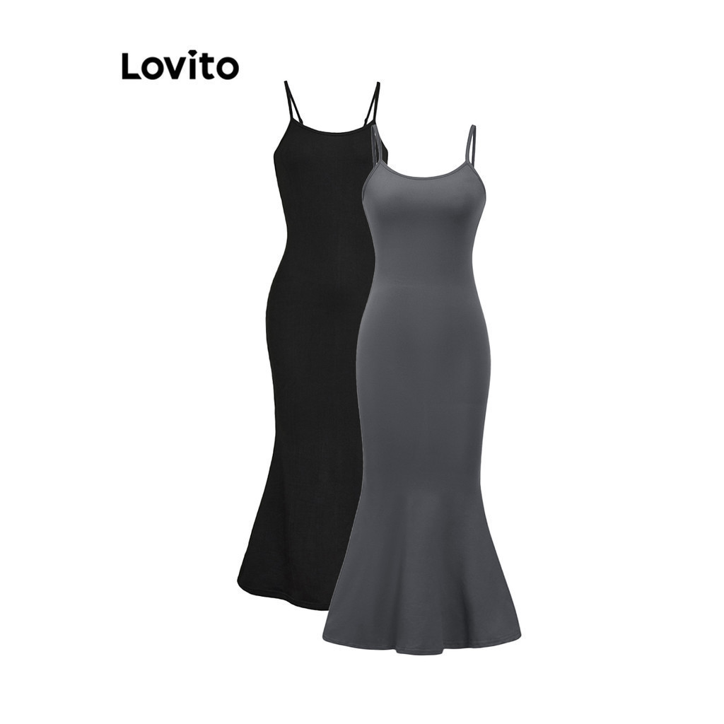 Lovito Casual Plain Fishtail Adjustable Buckle Slim Fit Women Dress L36AD011 (Multi-color)