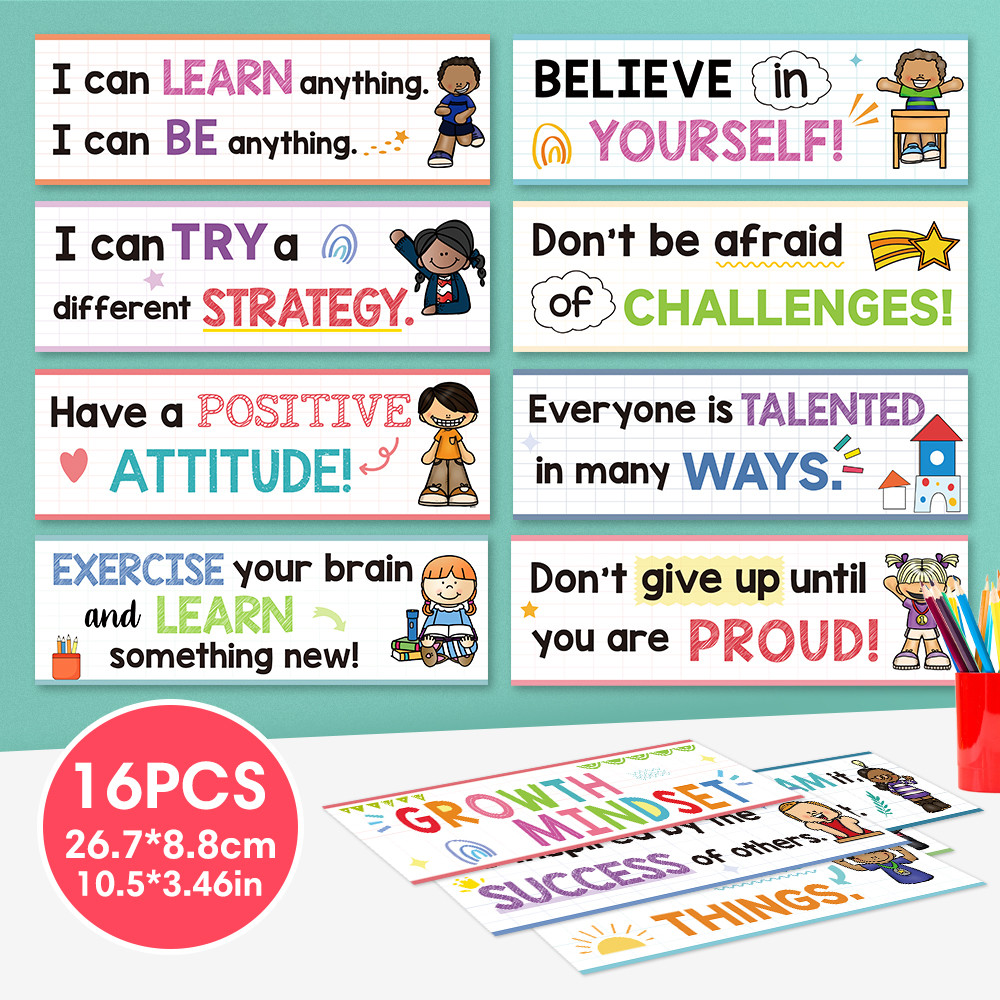 16 Pcs Growth Mindset Motivational Posters Kindergarten Classroom Banners Decoration Educational Bulletin Board Teacher Aids