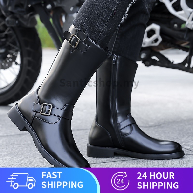 Lutut lelaki tinggi kasut Motocycle Boots kulit Equestrian tinggi bantuan Takato Zipper Knight Boots