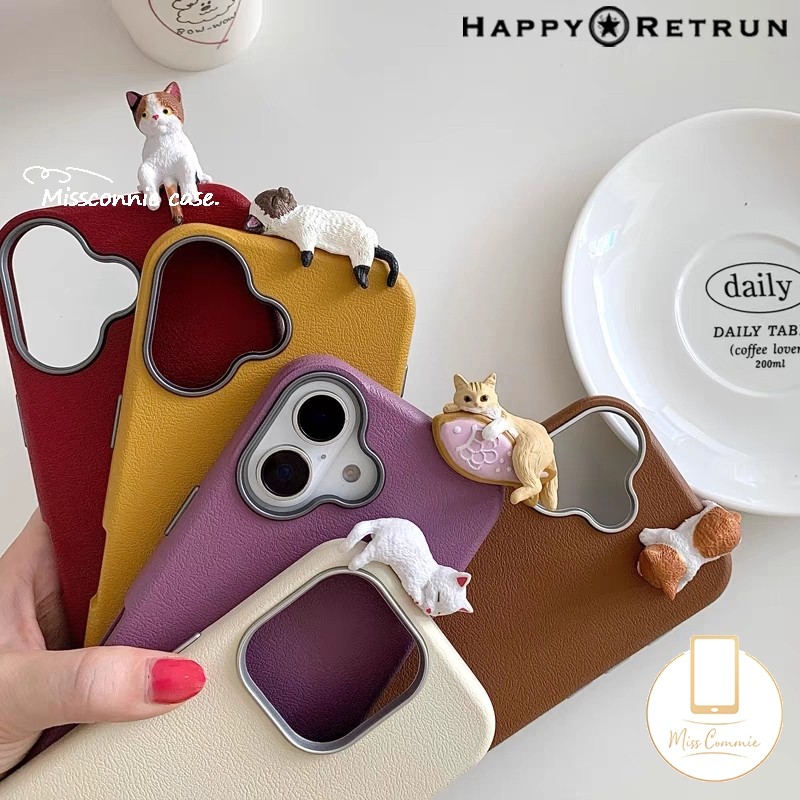 Cartoon Kitten Lovely 3D DIY Doll Cat Case Compatible for IPhone 16 11 12 15 14 13 Pro Max XR X 15 14 16 Plus XS Max Simple Solid Color Luxury Metal Lens Frame Leather Texture Case