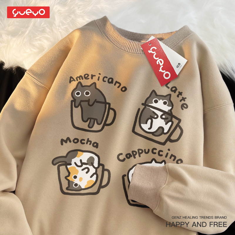 Men's Original Design Mocha Latte Cat Cute Print Leisure Unisex Sweater American Velvet Large Loose Round Neck Fashion Youth Trend Couple Sweatshirts