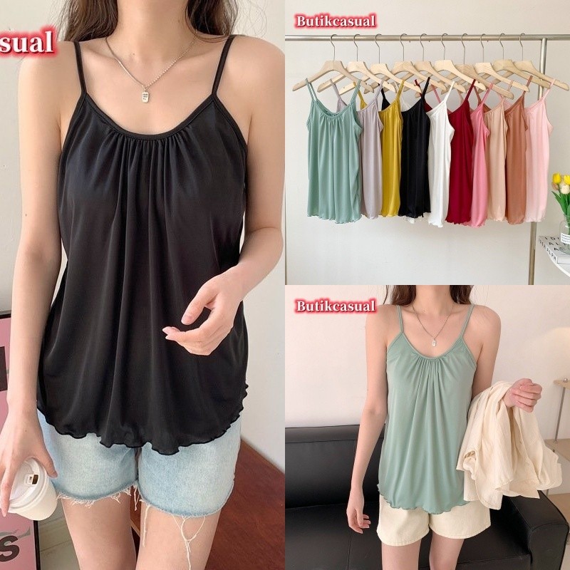 Women silk camisole Summer Sleeveless t shirt Fashion Casual Camisole Plain pleated thin tank top