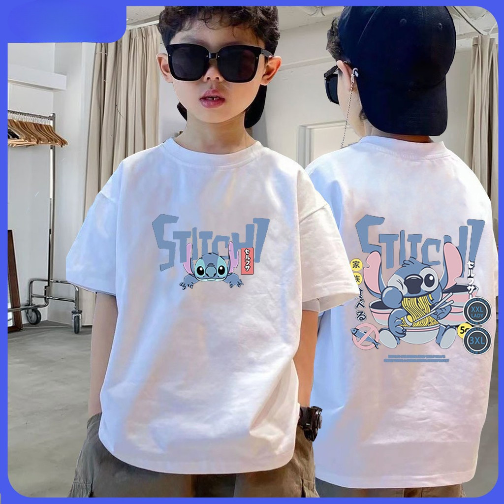 【220G 100%Cotton】 NELLY baju budak tshirt with funny Stitch eating noodles print,comfortable and soft, casual round neck