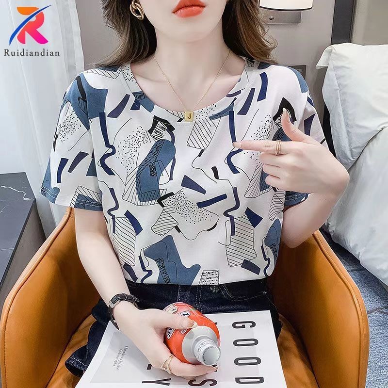 Qit Summer Korean Versatile White Short Sleeve 2024 New Crew Neck Printed T-Shirt Women's Fashion High Quality Loose Half Sleeve Top Casual Clothing