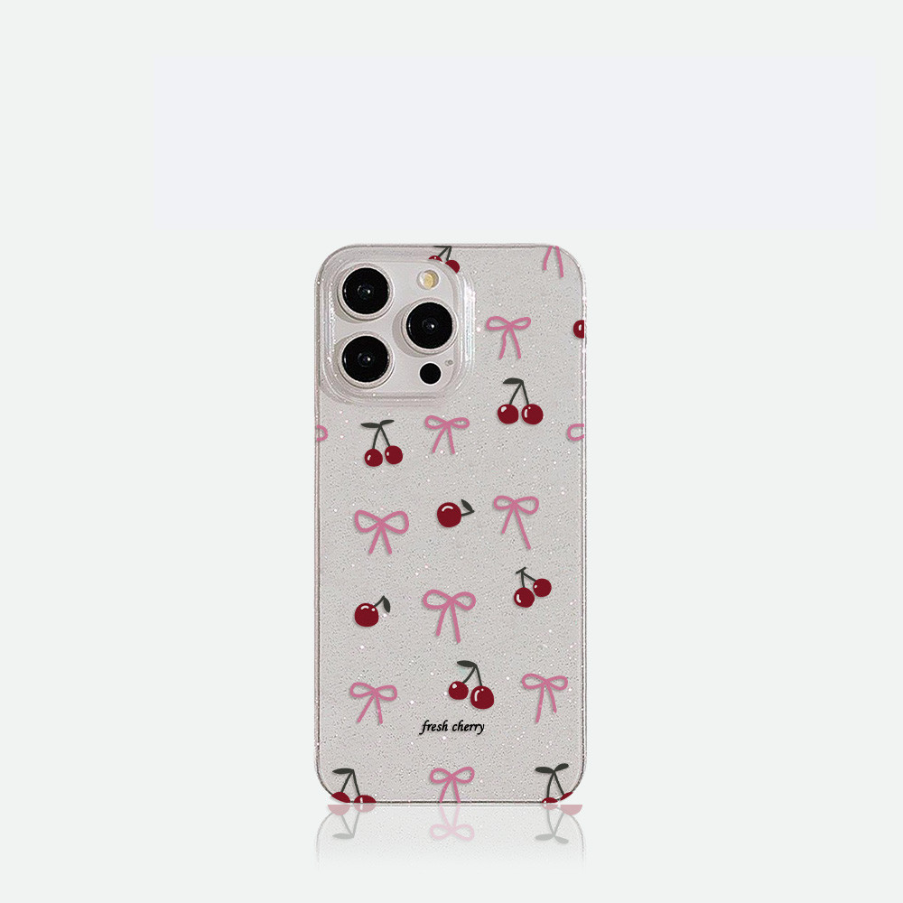 PYDD CASE iphone 11 15 13 14 Plus 12 Pro Max X XR XS Max 7 8 Plus Cute little cherry pink bow fashion Transparent Shockproof Silicone Protective Starlight Glitter Case