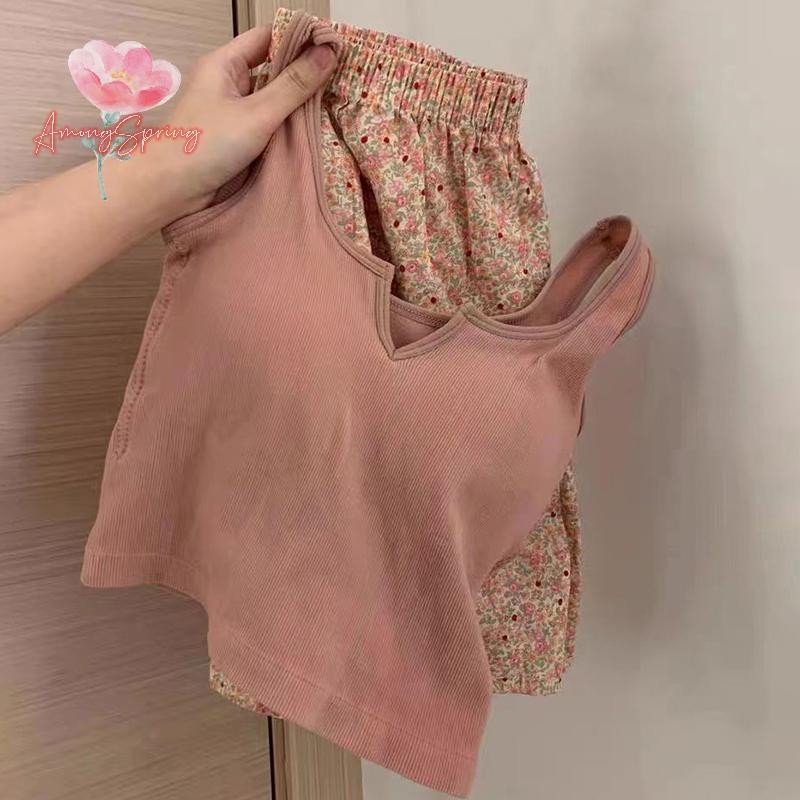 AmongSpring> Floral Elastic Waist Pajama Vest With Padded Chest Pajama Pants Home Pants Summer Set For Women new