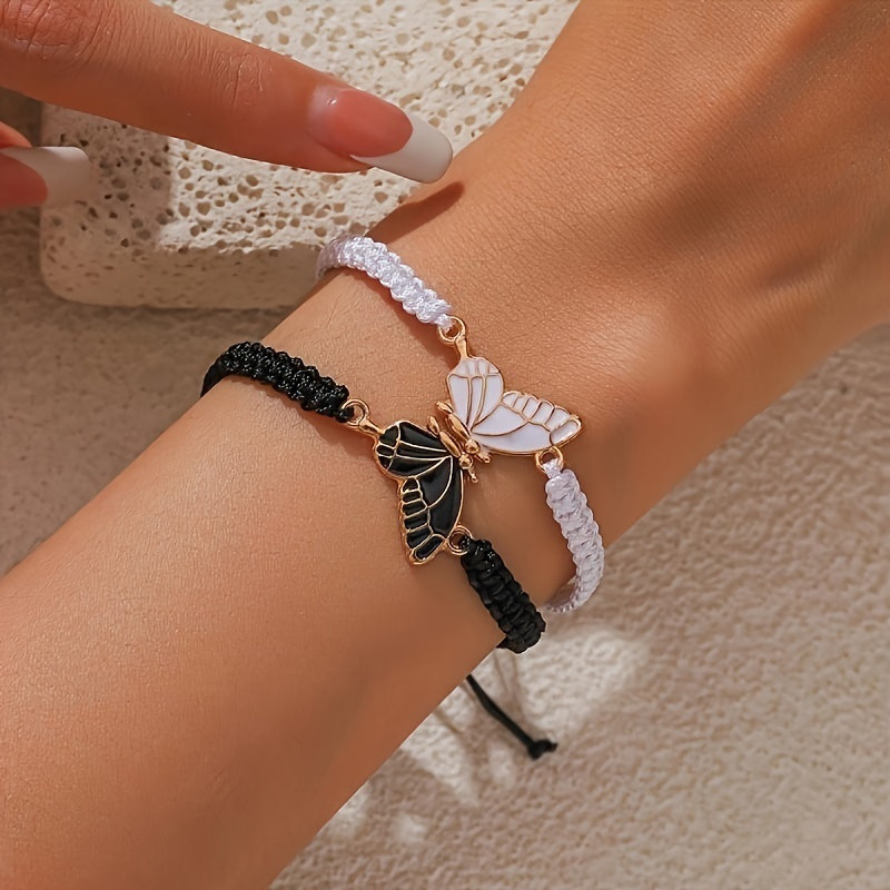 2pcs Set Handcrafted Wax Rope Bracelets with Butterfly Charm Simple Elegant Couple's Matching Jewelry Perfect Gift for Best Friends