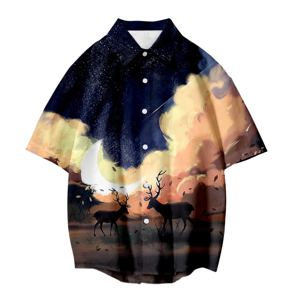 Fashion Summer shirt deer Influencer Short Shirt Trend Men 3D digital printing Merch Turndown Collar Casual Shirt high street