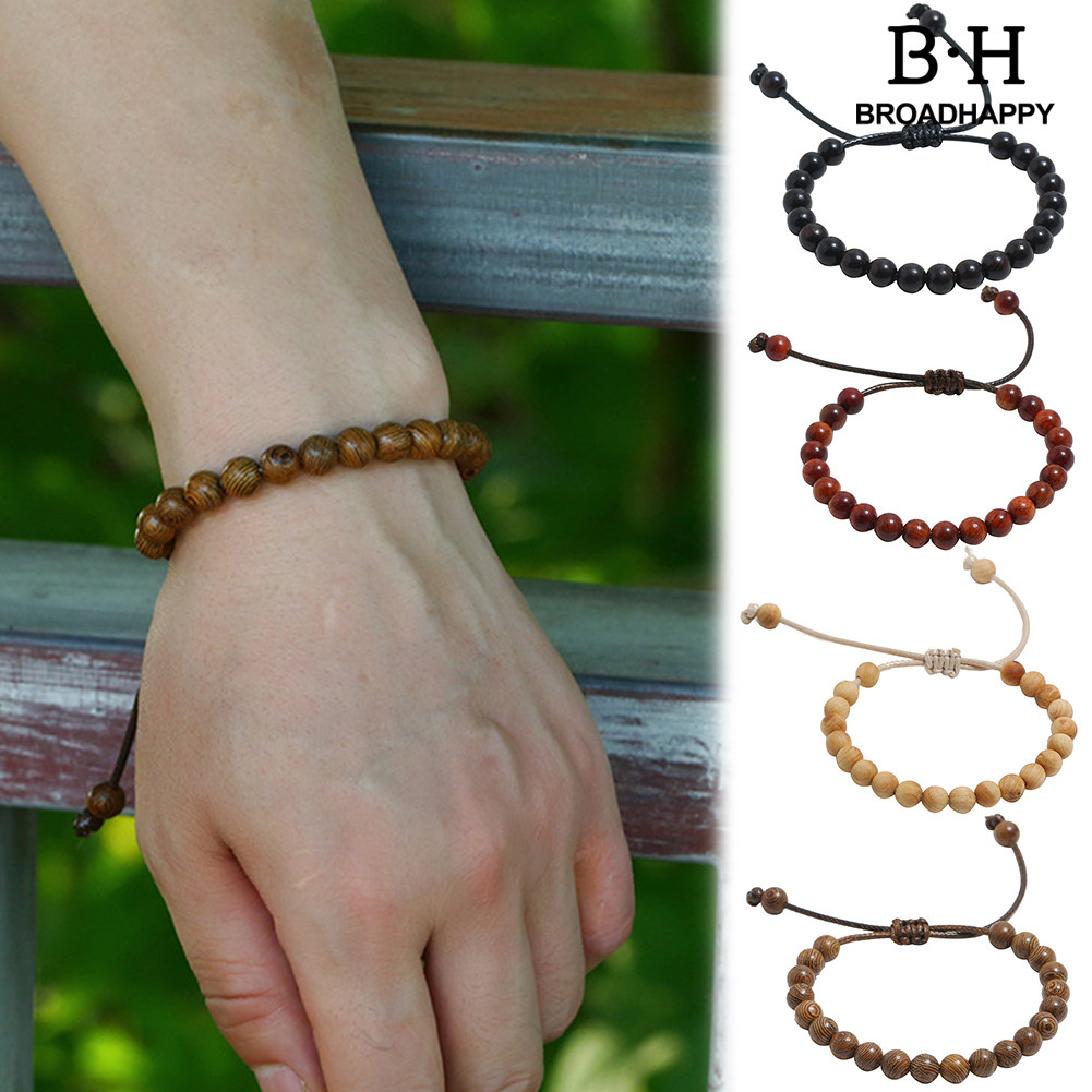 Broadhappy Handmade Unisex Wooden Beaded Wax Rope Bracelet Spiritual Hand Jewelry Gift