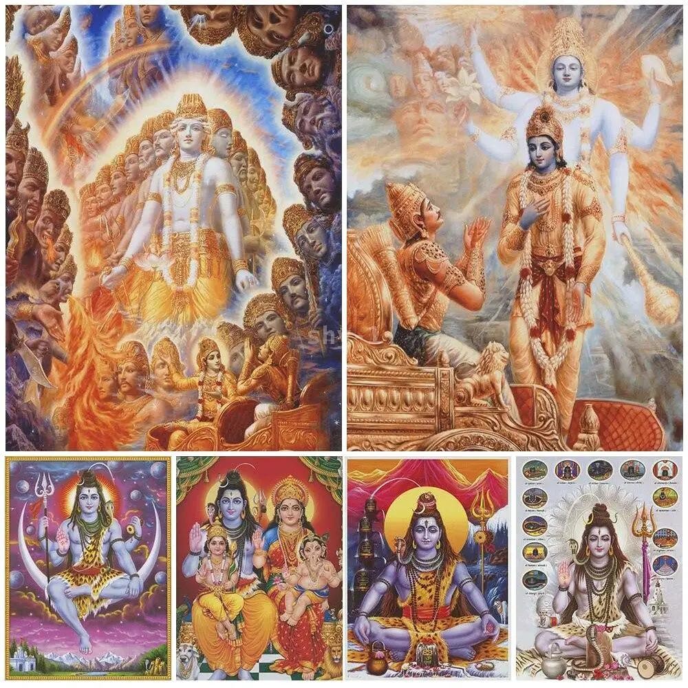 Seni Kanvas Dewa Hindu Vintage - Vishnu, Brahma, Shiva Lukisan Dewa India Untuk Hiasan Dinding Rumah