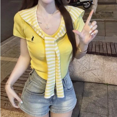 Striped Shawl Short-Sleeved t-Shirt Women Summer Thin v-Neck Knitwear Top