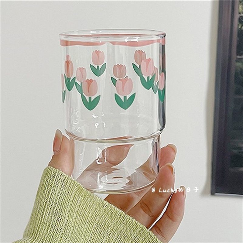 Birthday Gift Simple Romantic Couple Water Cup Tulip Glass Cup ins High-value Household Water Cup High Temperature Resistant Breakfast Cup Student Milk Cup Coffee Cup