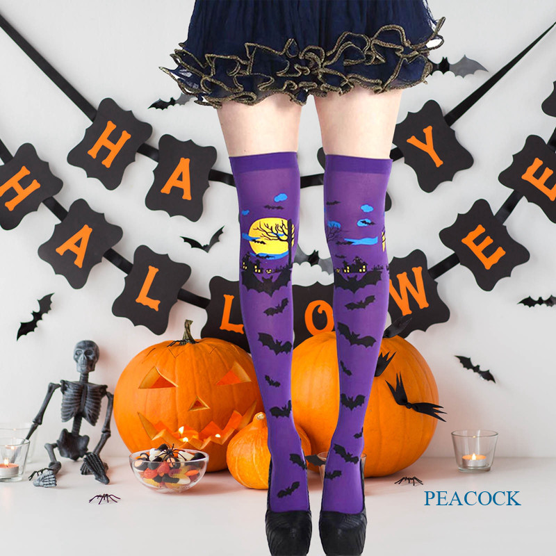 PEA Halloween Colored Orange Bat Wizard Over the Knee Stockings Witch Broken Decorative Costume Props for Halloween Cosplay Women Socks