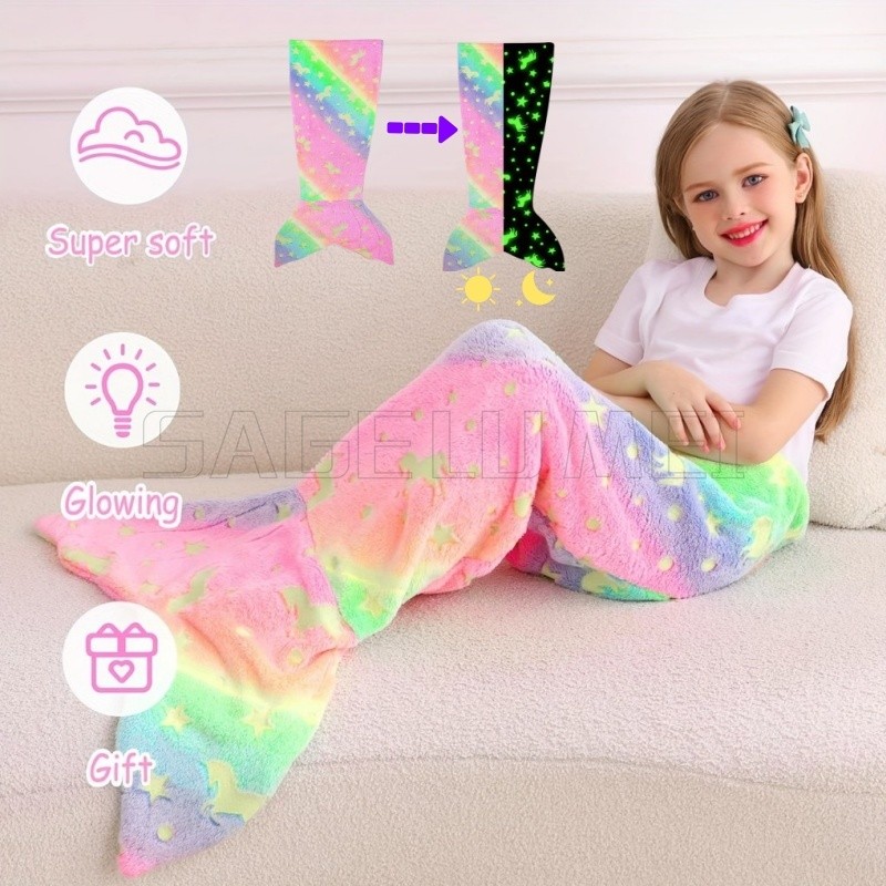 Cartoon Rainbow Unicorn Mermaid Tail Blanket Super Soft Glow in The Dark Flannel Mermaid Tail Blanket Gifts for Girls