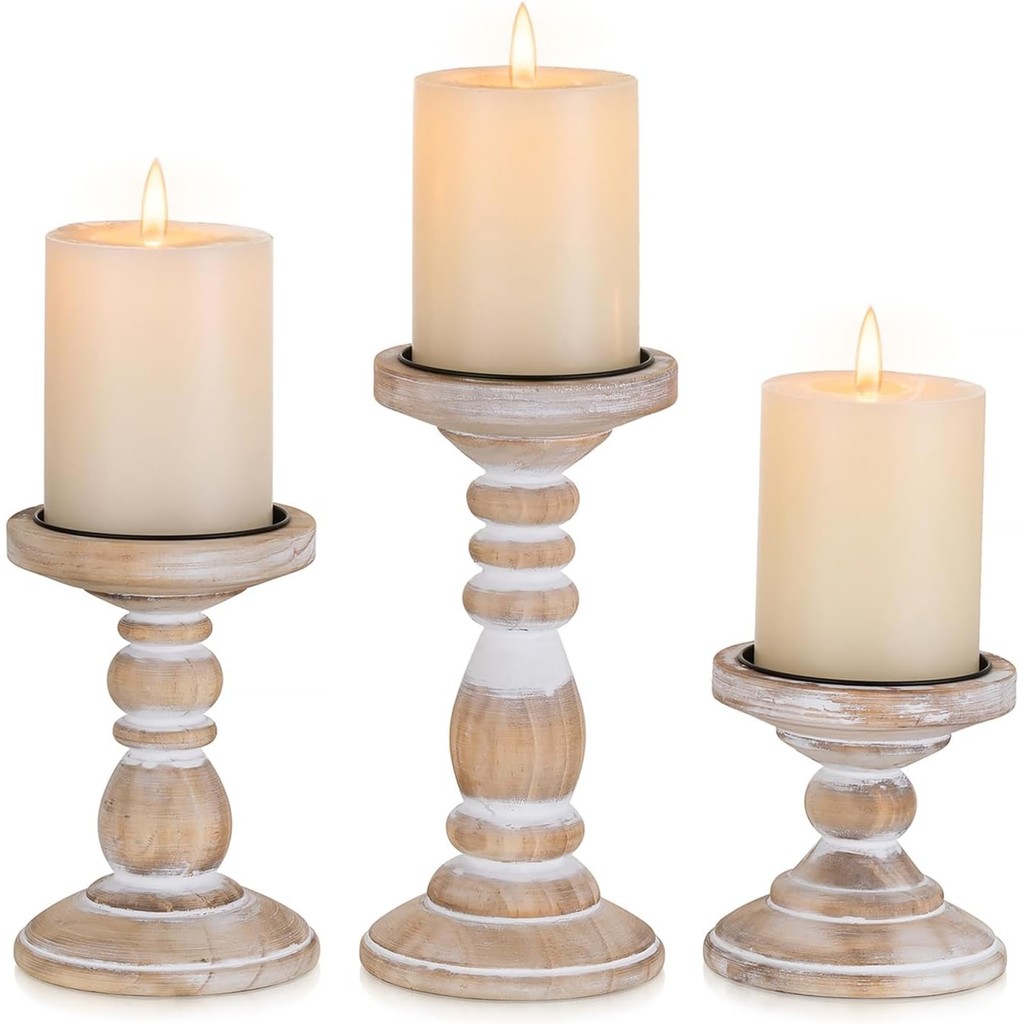 Wood Pillar Candle Holder: 3Pcs Rustic White Candle Holders for Pillar Candles Wood Candle Holders Distressed Wooden Farmhouse Candle Holder Large Rustic Candle Holder for Fireplac