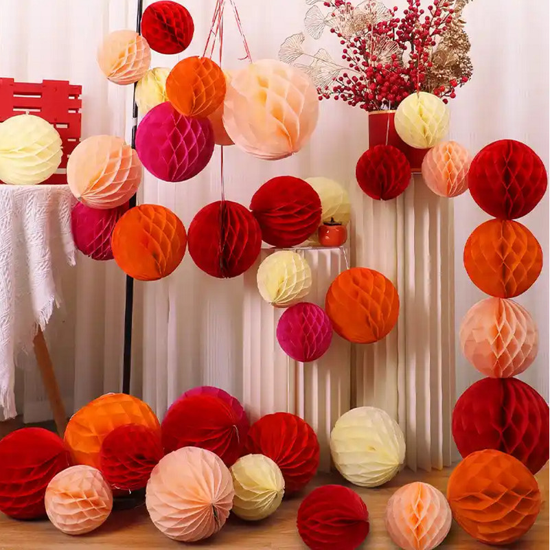 Multicolor Red Honeycomb Flower Ball Lanterns Round Hanging Paper Honeycomb Balls Lanterns Decorative Crafts for Wedding Birthday New Year Party