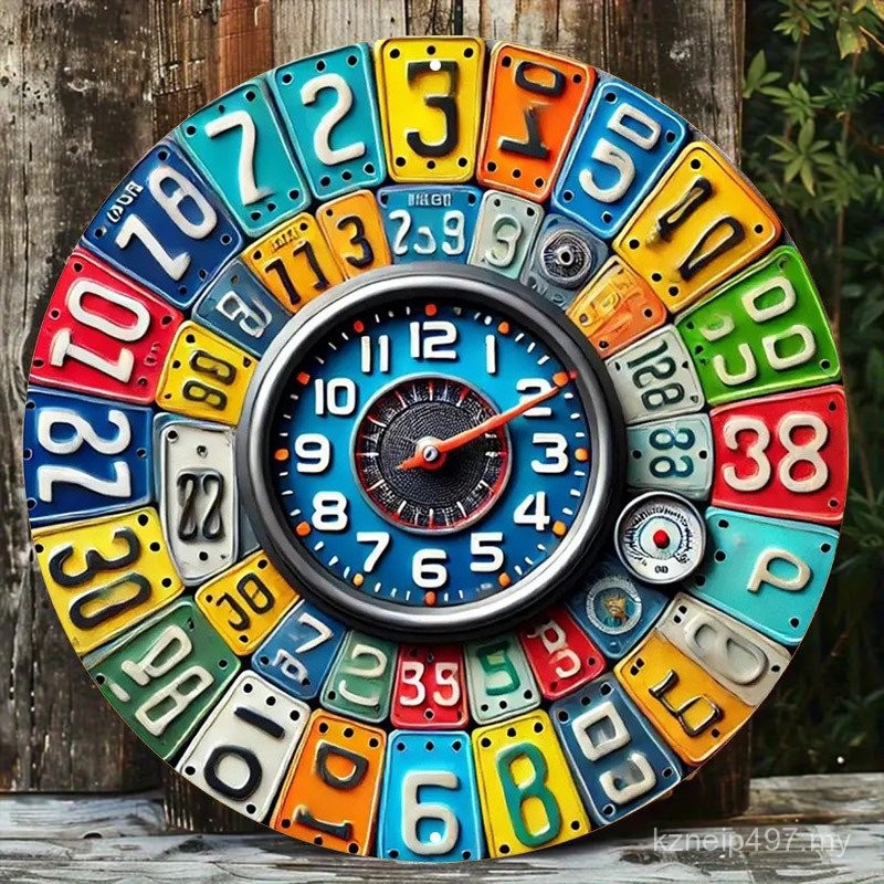 1pc Aluminum Wall Clock, Vintage License Plate Style, Round Retro Wall Art, Decorative Timepiece for Bar, Cafe, Beach House - 7.8" Diameter SVI3