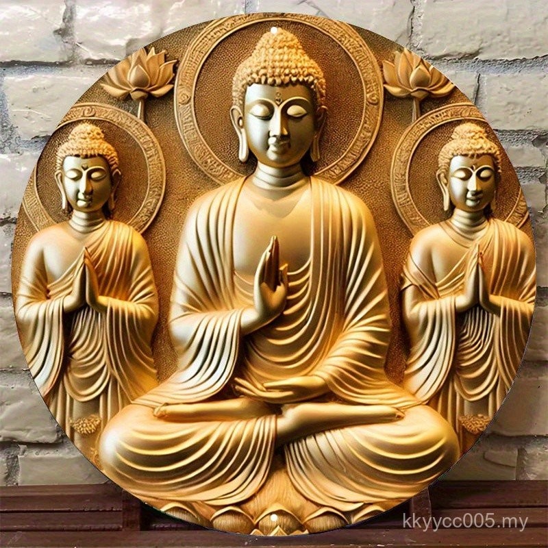 1pc Vintage Metal Sign Golden Buddha Trio in Peaceful Meditation Aluminum Round Poster, Sacred And Elegant Imagery, Retro Vintage Look Wall Art for Bar, Café, Beach House, Backyard