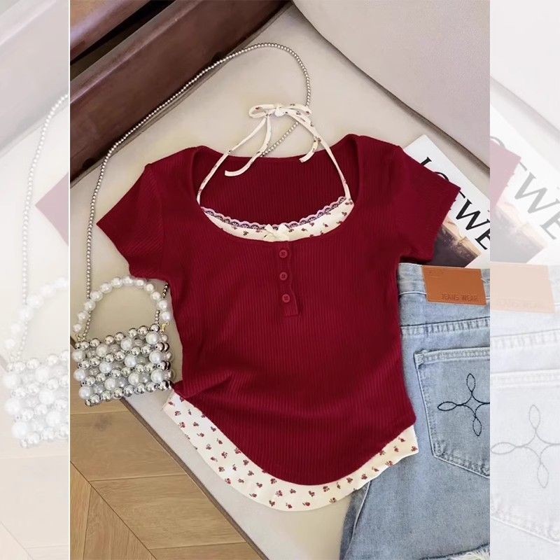 Slim-fit Summer Red Top with Floral Shoulders - Korean Style Pure Cotton Short Sleeve
