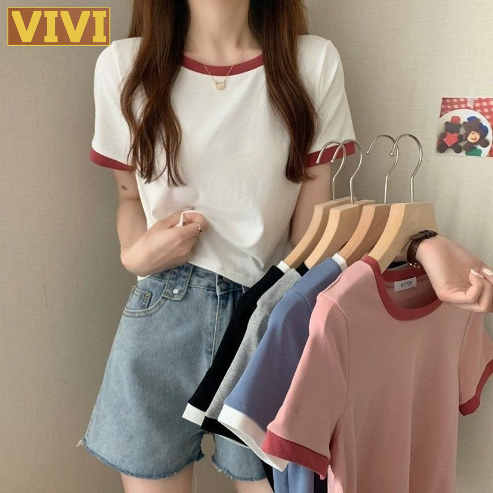 Ready Stock Korean Style Women Color Block Tops Round Neck Short Sleeve Casual T-shirt T77