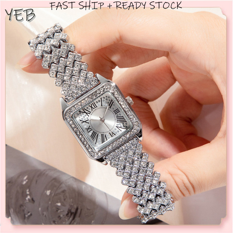 【 In Stock 】Korean Fashion Full Diamond Women's Watch Elegant Women's Square Dial Diamond Bracelet Watch Quartz Watch Jam Tangan Kuarza Berlian Wanita 镶钻石英表